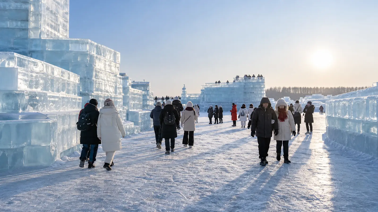Дневная прогулка между ледяными сооружениями в Харбине