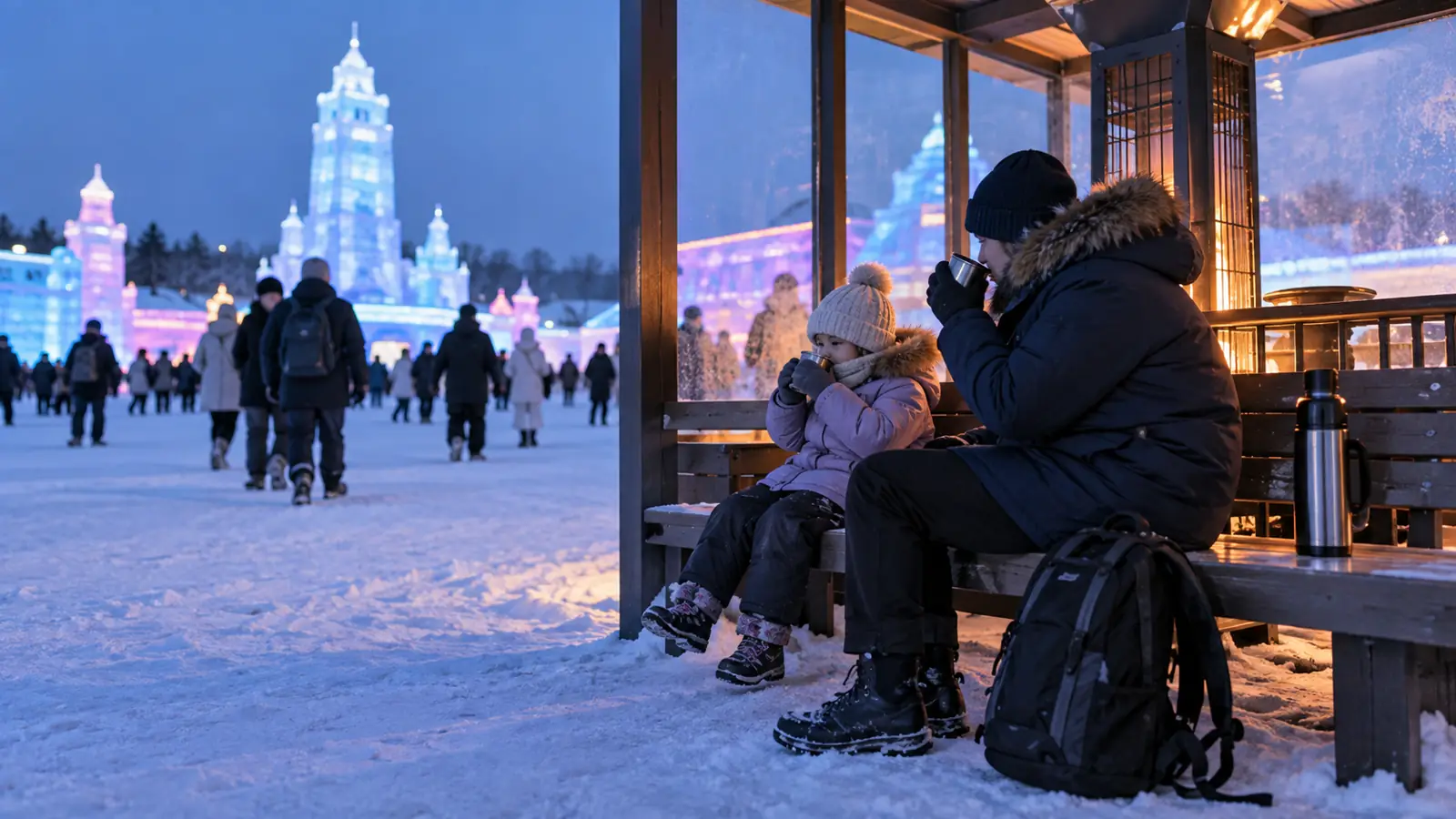 Семья согревается во время зимней прогулки в ледовом парке