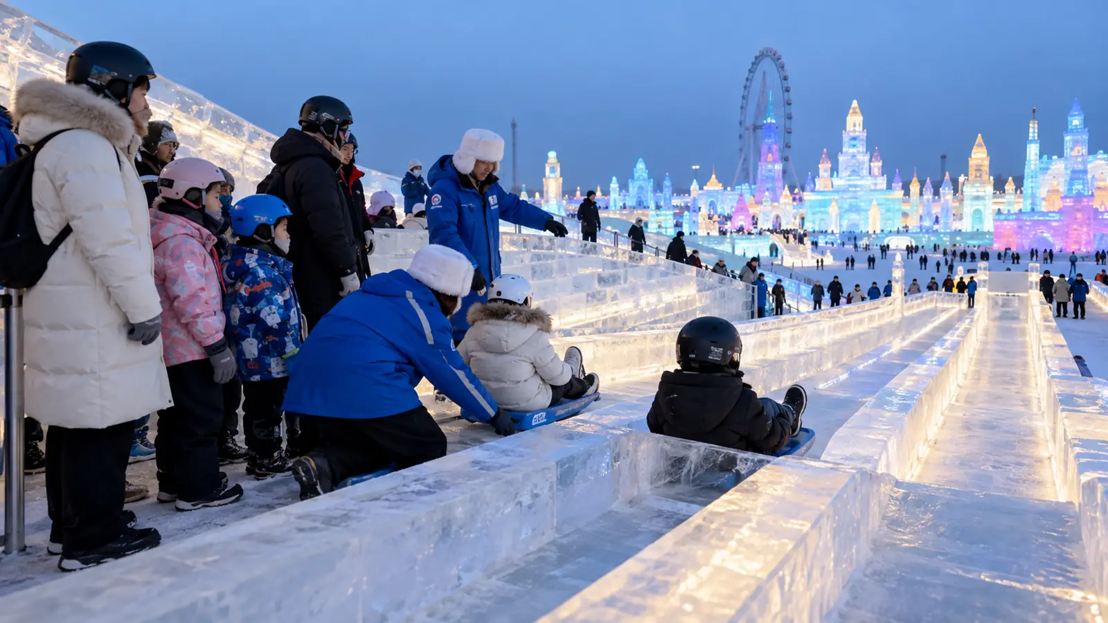 Посетители готовятся к спуску с ледяной горки в Харбине